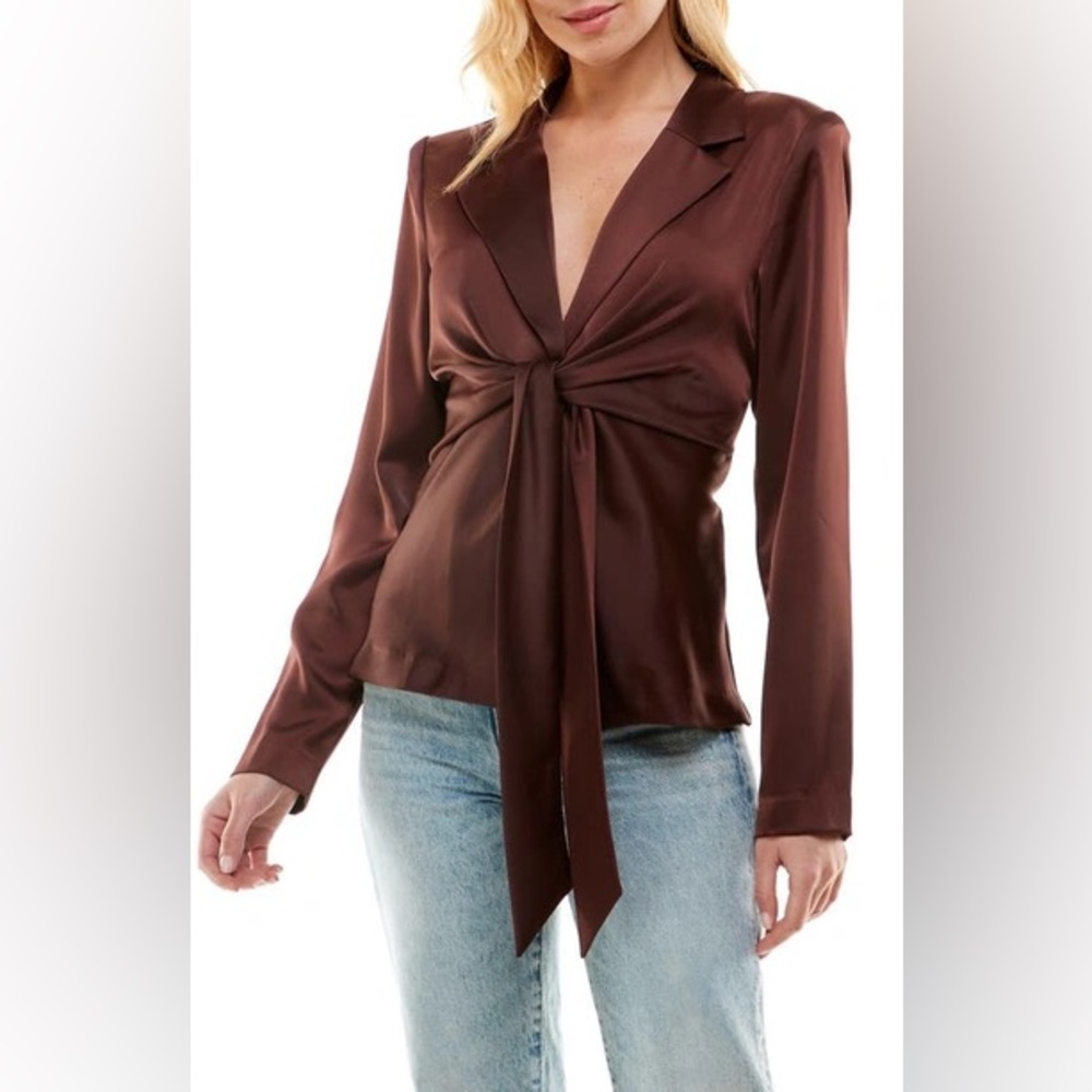 Wayf Merci Tie Waist Blouse Blazer in Chocolate Brown Silky Soft Satin